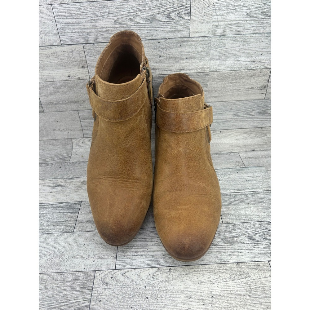 Clarks Artisan Women Tan Leather Ankle Boots Buckle Strap Side Zip Size 10M